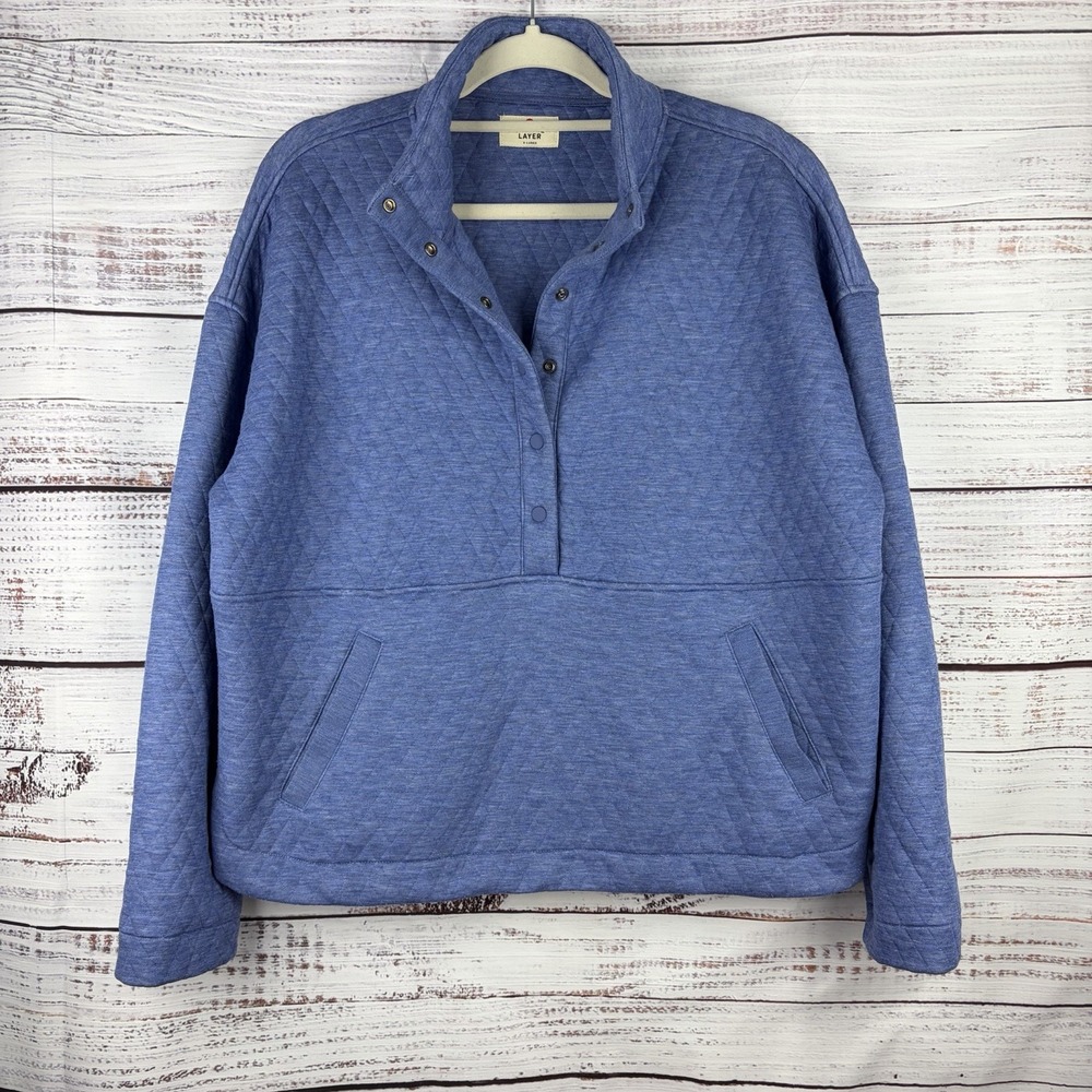 Marine Layer Women's Quilted Corbet Funnel Neck Snap Closure Blue Pullover XL